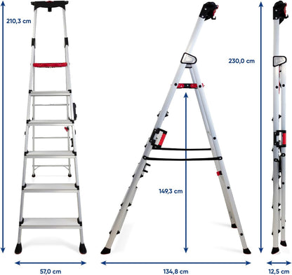 Keli Vouwladder, trapladder, trapladder, robuust aluminium, professionele kwaliteit, draaggreep, gereedschapshouder van ABS, inklapbaar (6 treden)