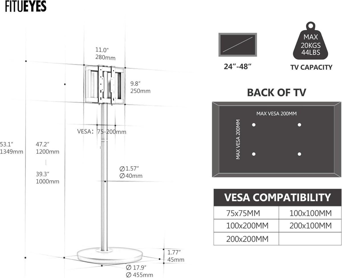 FITUEYES Design TV-vloerstandaard voor 24-48 Inch Minimalisme Hoek TV-standaard Hoge Moderne TV-standaard Instelbare Hoogte Houdt 20kg Max VESA 200 * 200 Master Series