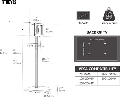 FITUEYES Design TV-vloerstandaard voor 24-48 Inch Minimalisme Hoek TV-standaard Hoge Moderne TV-standaard Instelbare Hoogte Houdt 20kg Max VESA 200 * 200 Master Series
