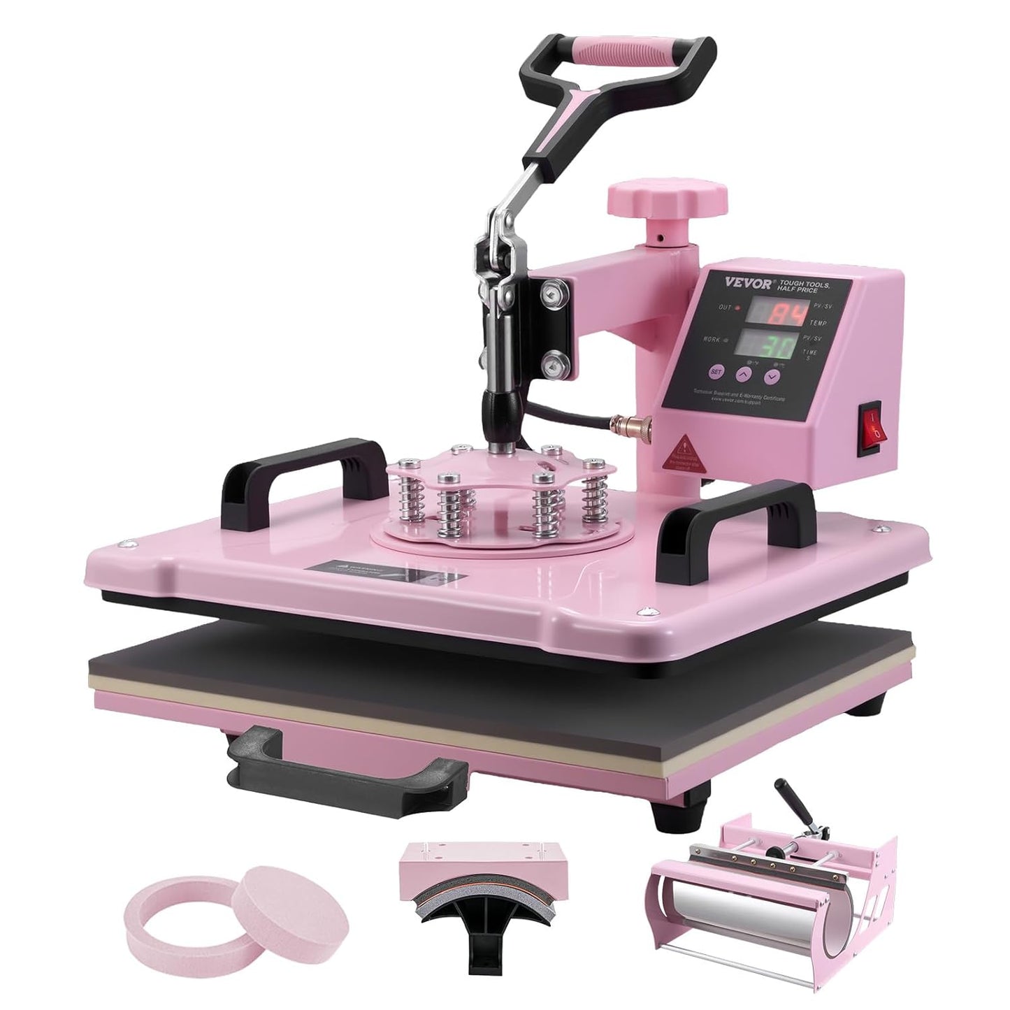 VEVOR 5-in-1 hittepers, dienblad 30 x 38 cm, textielsublimatiemachine met 89 cl bekerpers, 360 graden draaibaar, nauwkeurige digitale bediening, doe-het-zelf T-shirts/hoeden/kopjes/borden, roze