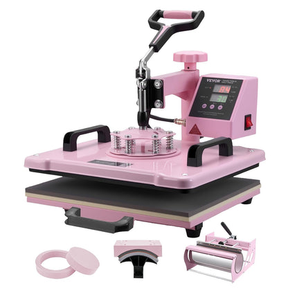 VEVOR 5-in-1 hittepers, dienblad 30 x 38 cm, textielsublimatiemachine met 89 cl bekerpers, 360 graden draaibaar, nauwkeurige digitale bediening, doe-het-zelf T-shirts/hoeden/kopjes/borden, roze