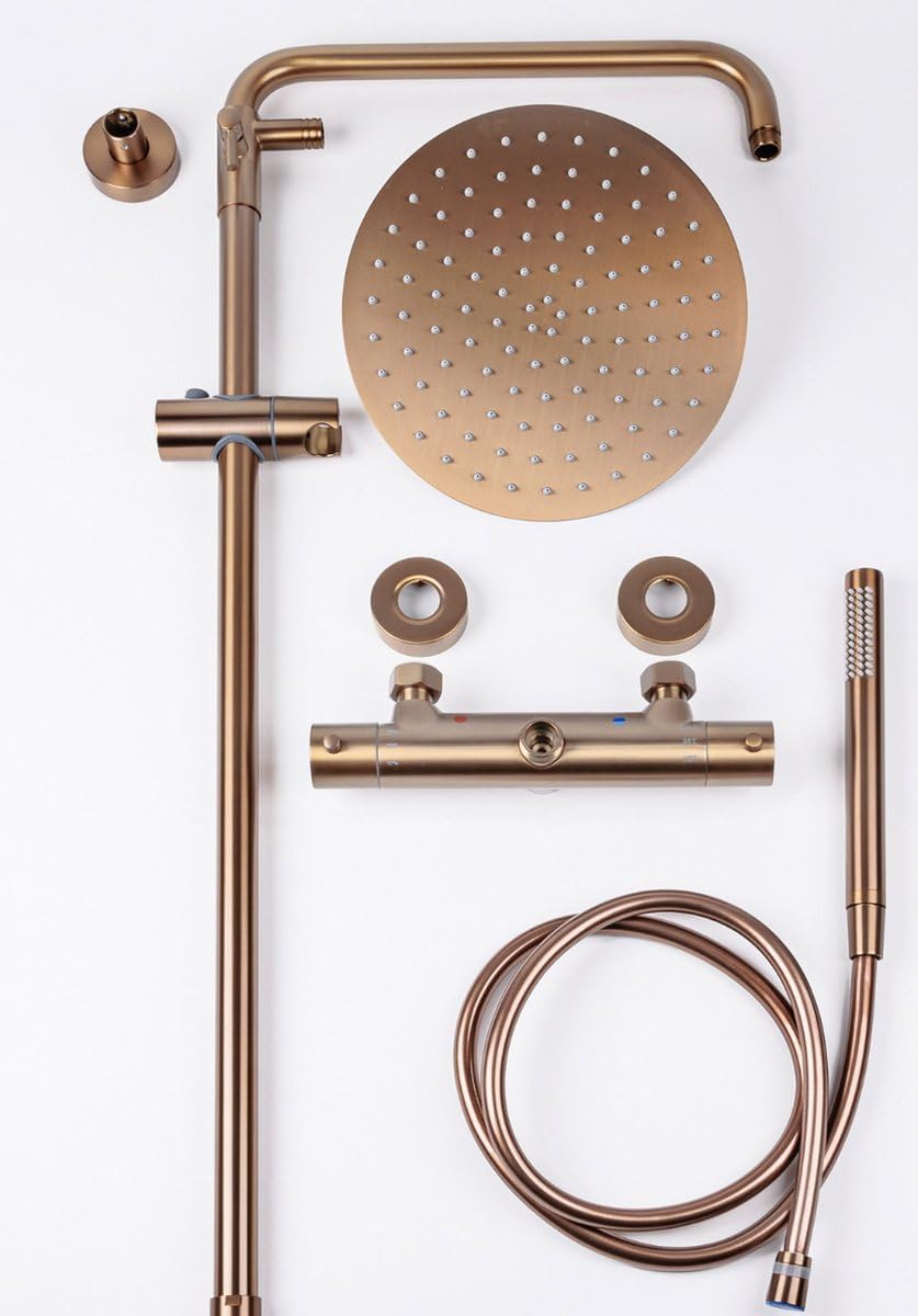 Doucheset – Regendouche – Thermostaatkraan – Douchekop – Handdouche – Koperkleurig Design – Preciese Temperatuurregeling – Duurzaam Messing