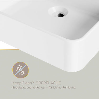 Lenz Handwastafel VALEA voor gastentoiletten en kleine badkamers, 40 cm x 38,5 cm, hangend aan de muur of als opzetwastafel, superglad KeepClean oppervlak, met overloop, wit, 41010161