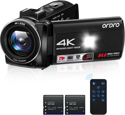 ORDRO Z36 4K/30fps camcorder, 64MP vlogging camera met 18x digitale zoom, led-fill light, 3,0 inch scherm, IR nachtzicht, vlogging camera voor YouTube