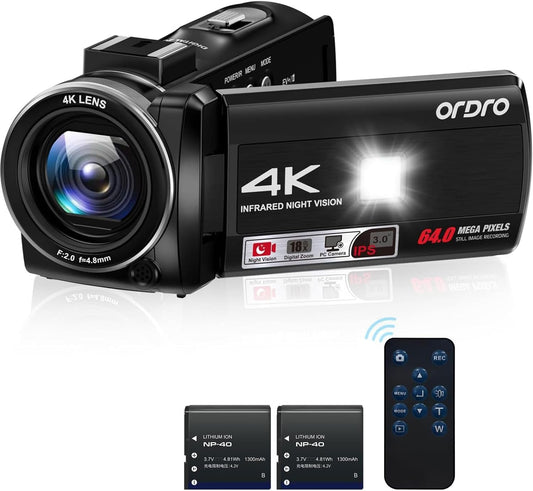 ORDRO Z36 4K/30fps camcorder, 64MP vlogging camera met 18x digitale zoom, led-fill light, 3,0 inch scherm, IR nachtzicht, vlogging camera voor YouTube