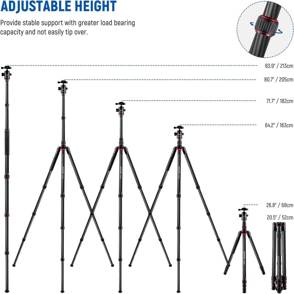 NEEWER Opgewaardeerde 80.5" Carbon Fiber Camera Statief Monopod met Telescopische 2 Sectie Center Axes, 360 ° Panorama Ballhead, 1/4" Arca Type QR Plaat, Reisstatief met ø28mm kolom, Max Belasting 20