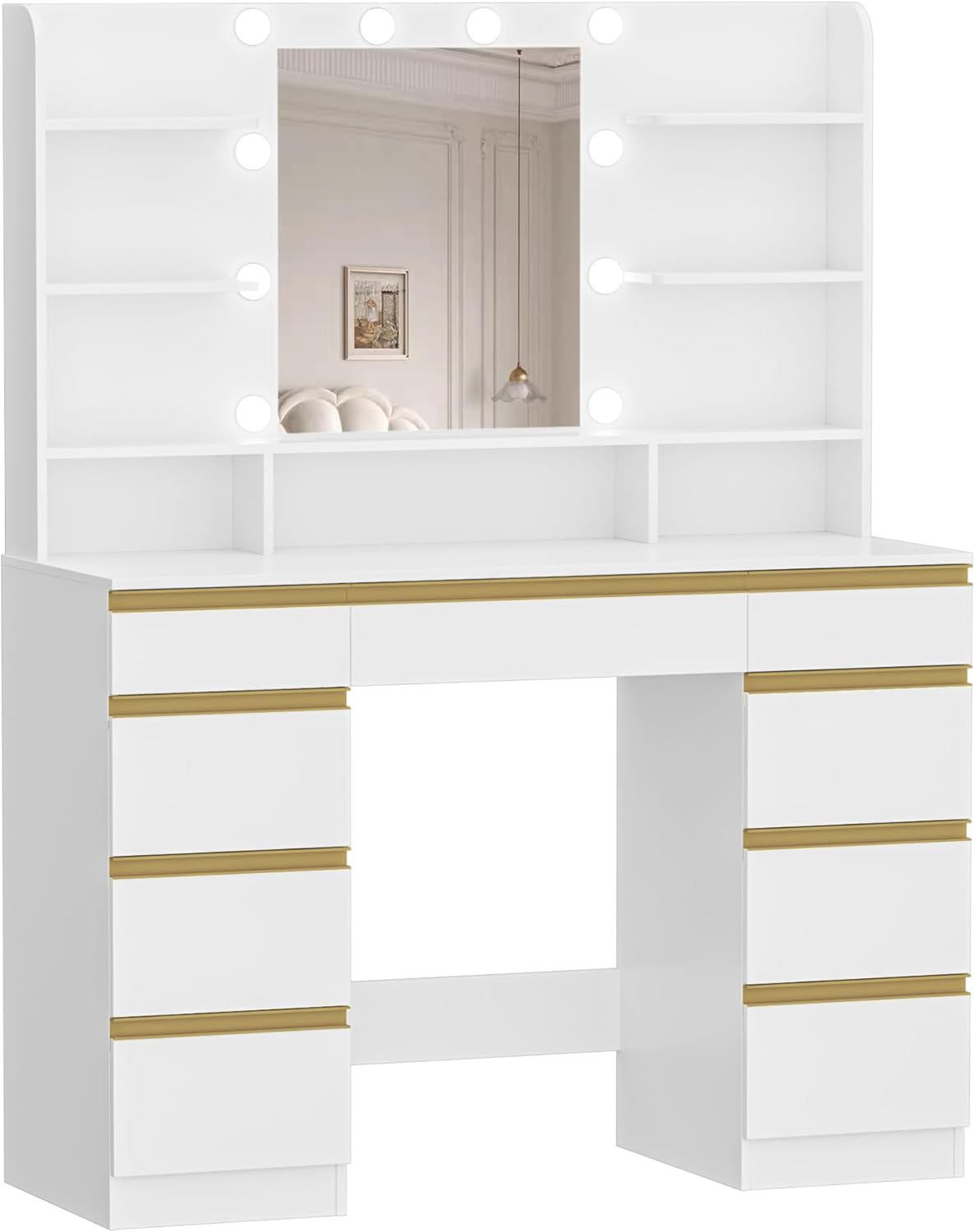 Hzuaneri Large Dressing Table with LED Lighting, 10 LED Globes, 3 Colors, Adjustable Brightness, Dressing Table with Mirror, 9 Drawers, 9 Open Shelves, Modern Style, White-GoldDT35703X