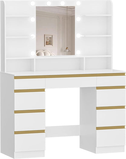 Hzuaneri Large Dressing Table with LED Lighting, 10 LED Globes, 3 Colors, Adjustable Brightness, Dressing Table with Mirror, 9 Drawers, 9 Open Shelves, Modern Style, White-GoldDT35703X