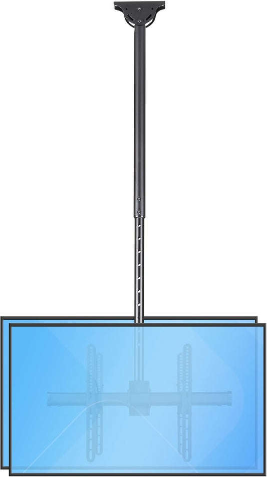 Dubbele plafondbeugel – Plafondbeugel, plafond tv beugel, tv ophangbeugel, dubbele tv beugel – Voor 2 schermen van 32 tot 75 inch – Verstelbare telescopische arm 1 tot 1,5 m, 360° draaibaar en geschikt voor schuine plafonds