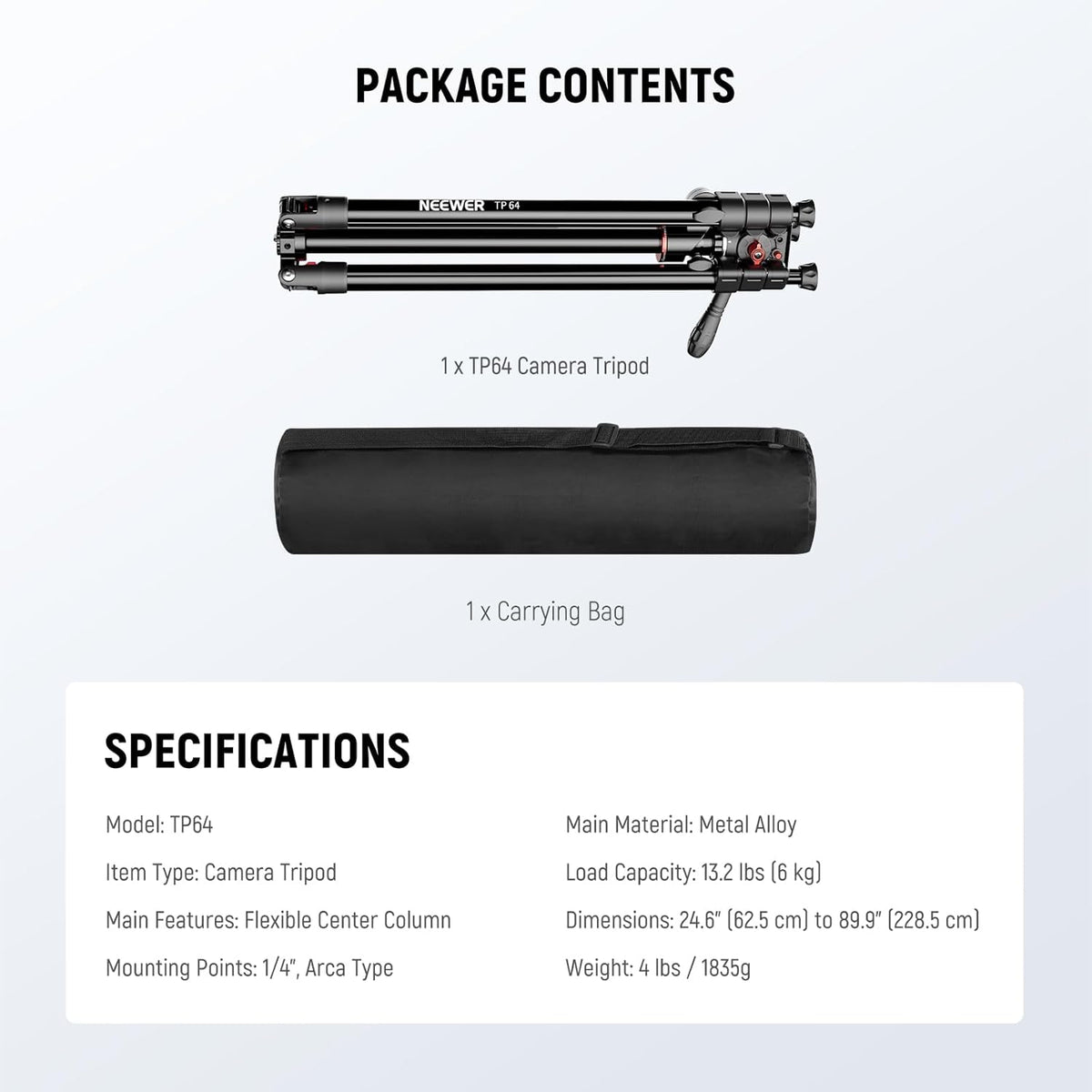 NEEWER Horizontaal monopod statief voor camera met vloeibare kop en flexibele middenkolom, 228 cm hoge metalen DSLR-video-reishouder, Arca-QR-code en omgekeerde voeten, belasting 6 kg, TP64
