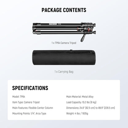 NEEWER Horizontaal monopod statief voor camera met vloeibare kop en flexibele middenkolom, 228 cm hoge metalen DSLR-video-reishouder, Arca-QR-code en omgekeerde voeten, belasting 6 kg, TP64