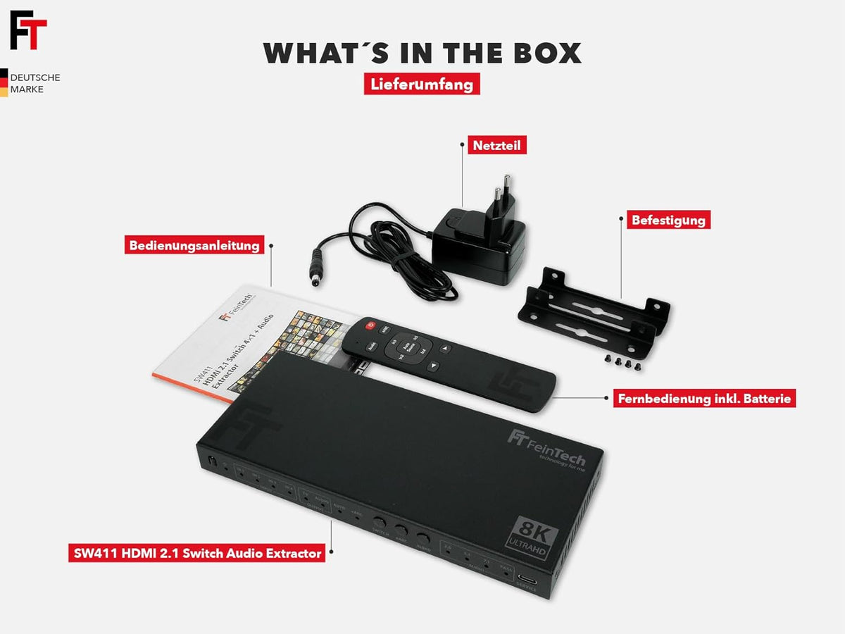 FeinTech SW411 HDMI 2.1 Switch 4-in-1 Out met audio-extractor voor geluidssystemen met HDMI-, Toslink- en AUX-ingang, ondersteunt 4K 120Hz & 8K