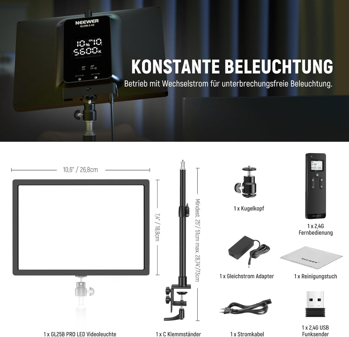 Videolamp – Streaming Licht – Webcam Lamp – Key Light – LED Paneel – 12,9 Inch – Dimbaar 2900K-7000K CRI98+