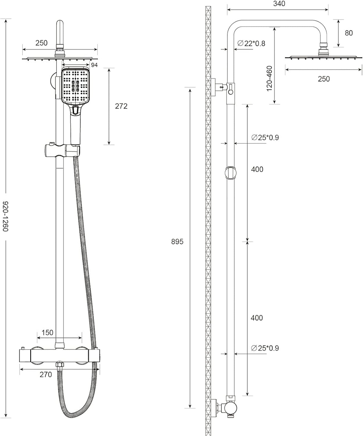 Doucheset – Douchekop – Regendouche – Douchesysteem – Thermostaatkraan – Vierkante Regendouche 25x25 cm – Roestvrijstalen Douchestang Verstelbaar 92-126 cm