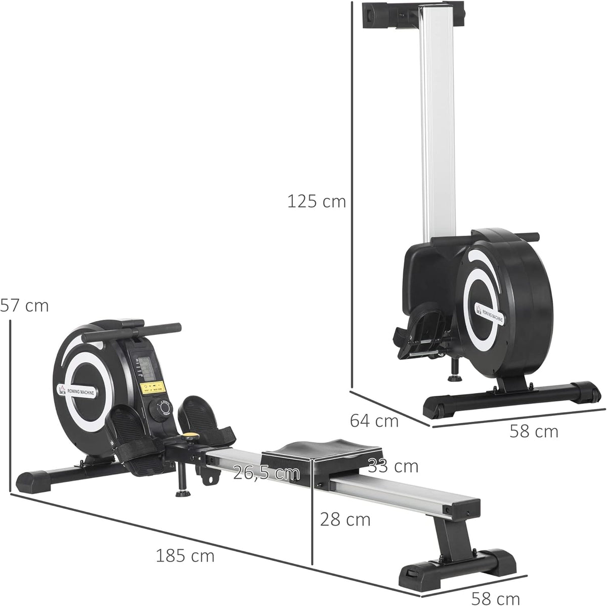 HOMCOM Home Rowing Machine, Folding Rowing Machine with 8 Levels, Magnetic Braking System, LCD Display, Full Body Training, Aluminium, Black - QUORE