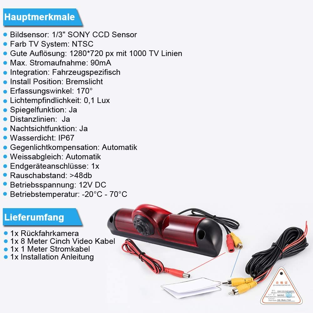 Top Mount Remlamp Omkeren Achteruitrijcamera Nachtzicht Backup Camera+7 "LCD Monitor voor Van Fiat Ducato 2006/Peugeot Boxter 2006/Citroen Jumper 2006 (18mm Top Lens)