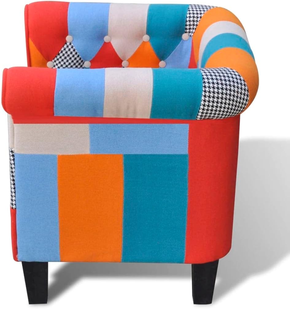 Leesstoel – Cocktailstoel – Gestoffeerde Stoel – Fauteuil – Patchwork Design – Ergonomische Rugleuning – Duurzaam Multiplex & Grenenhout