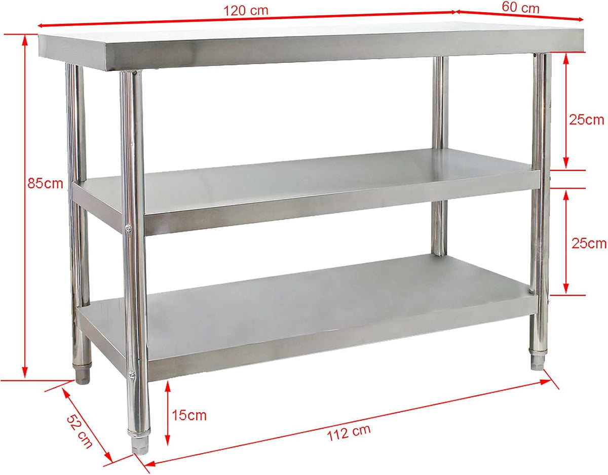 Wiltec roestvrijstalen werktafel 120x60x85 cm, horeca keukentafel 120 kg met 2 planken, gastronomie keukenwerktafel met opslagplanken, rvs restaurant bereidingstafel tafelblad