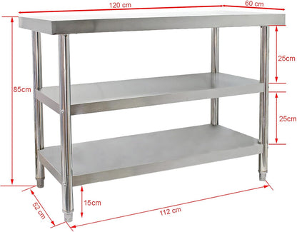 Wiltec roestvrijstalen werktafel 120x60x85 cm, horeca keukentafel 120 kg met 2 planken, gastronomie keukenwerktafel met opslagplanken, rvs restaurant bereidingstafel tafelblad