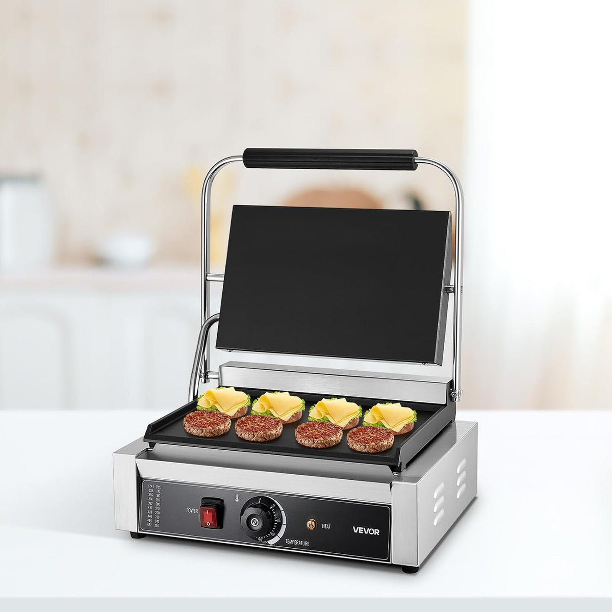 VEVOR Panini-elektrische grill voor panini, 2200 W, platte geëmailleerde plaat, 34,2 x 23,5 cm, sandwich van roestvrij staal, handgreep met temperatuurregeling