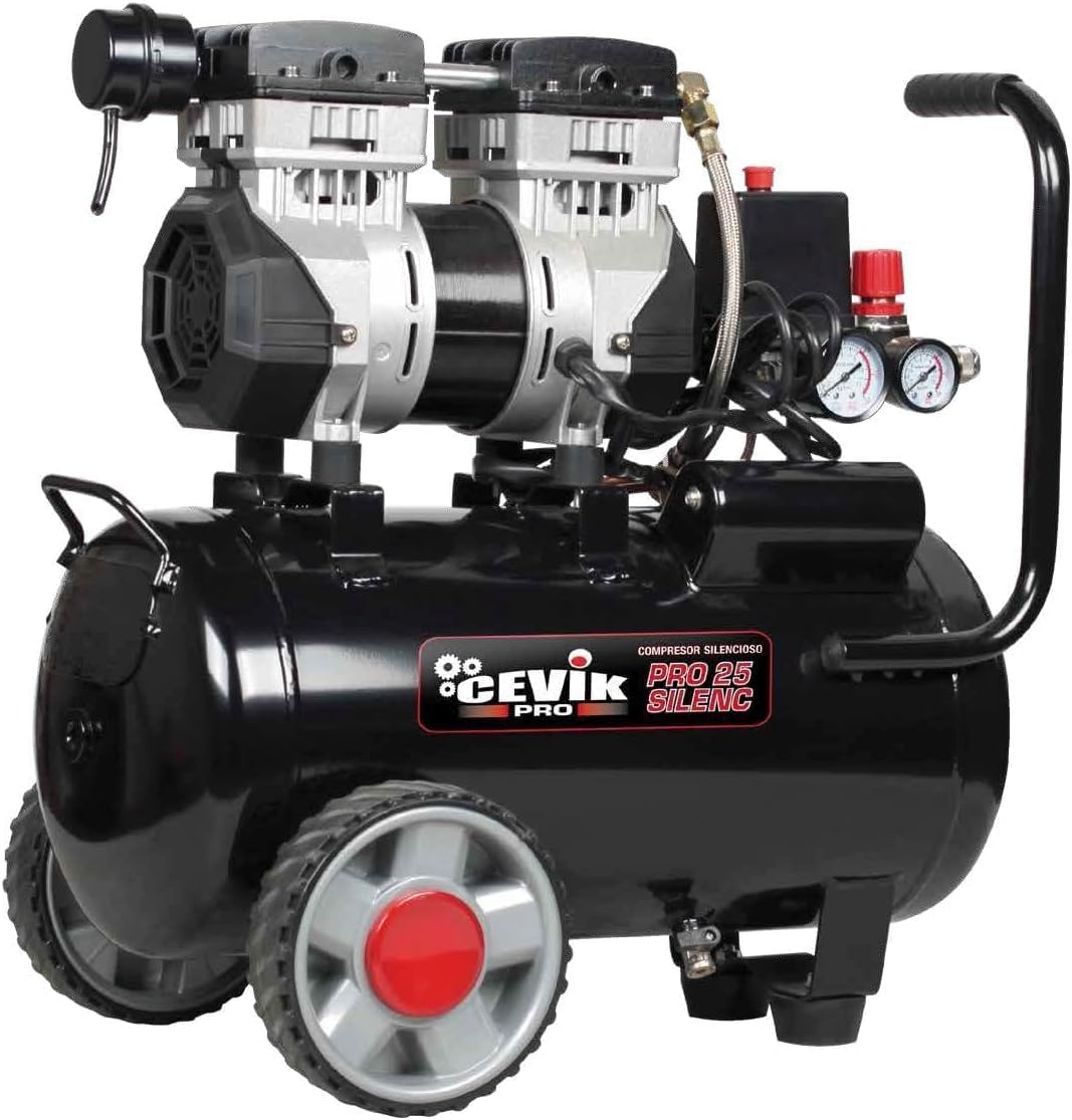 Luchtcompressor – Compressor – Persluchtapparaat – Pomp – Spuitmachine – Stil Geluidsniveau 59 dB – 25 Liter Tank – 1,5 PK Motor – Max 8 Bar Druk – Olievrij Onderhoudsvrij