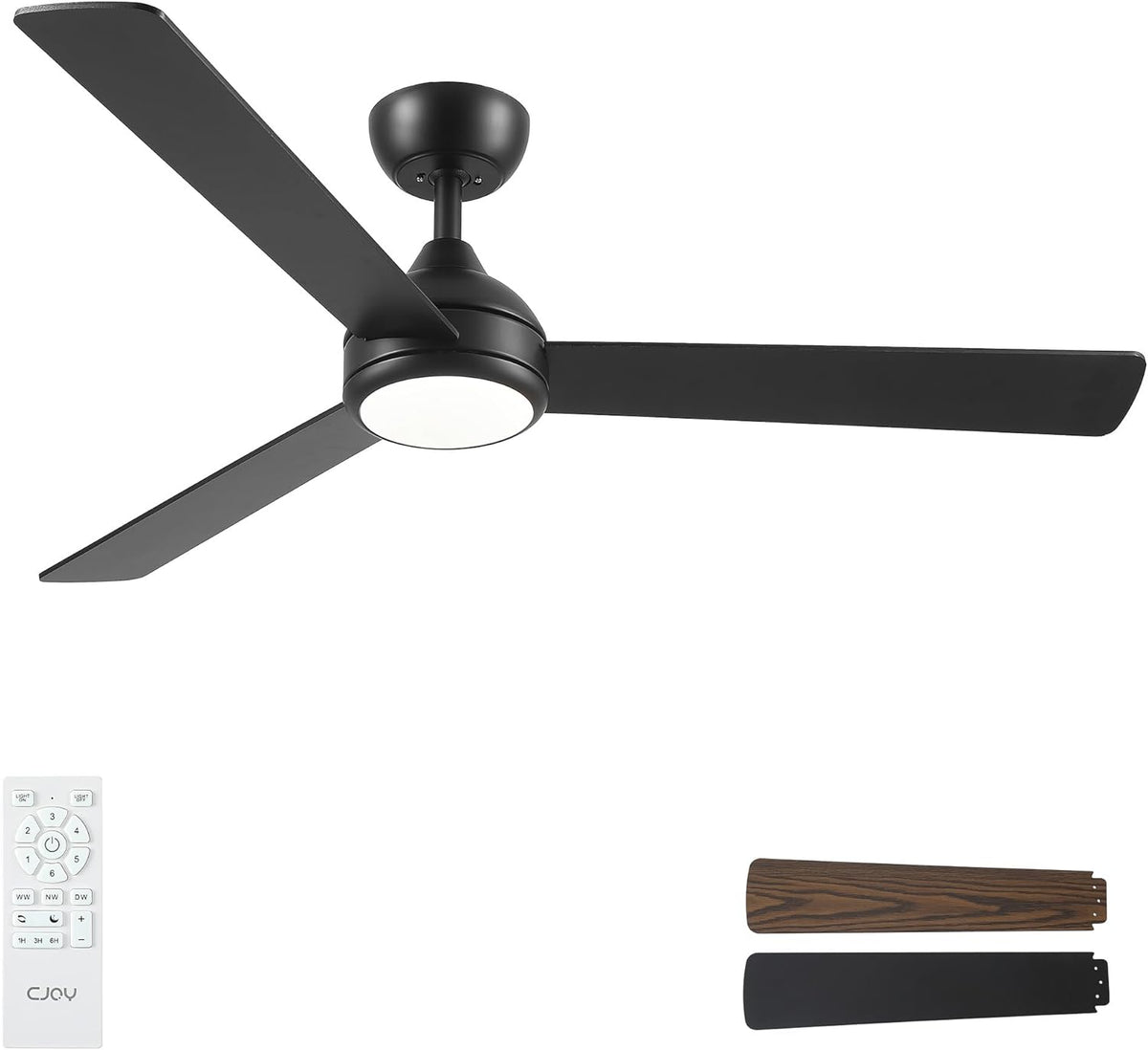 CJOY Plafondventilator, zwart en hout, 132 cm, plafondventilator met licht en stille afstandsbediening, 6 snelheden, 3 CCT, dimbaar, omkeerbaar, timer, Per camera da Letto/Soggiorno