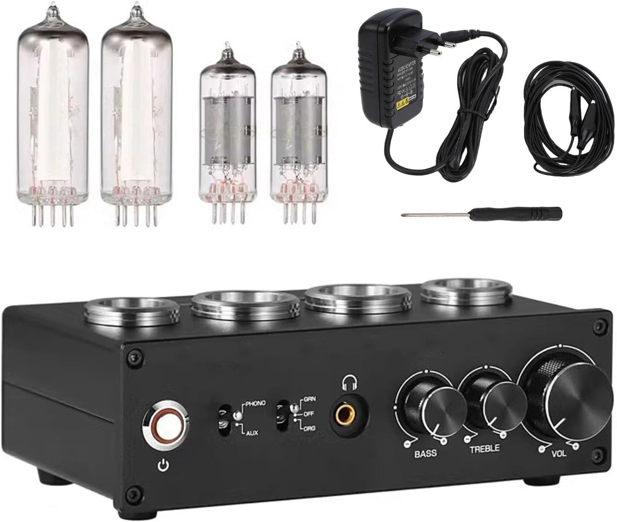 Phono-Voorversterker Met Buizen – Platenspeler Voorversterker – RIAA Voorversterker – MM/MC Voorversterker – Hifi Voorversterker – 3,5 Mm Koptelefoonaansluiting – Treble En Bassregeling