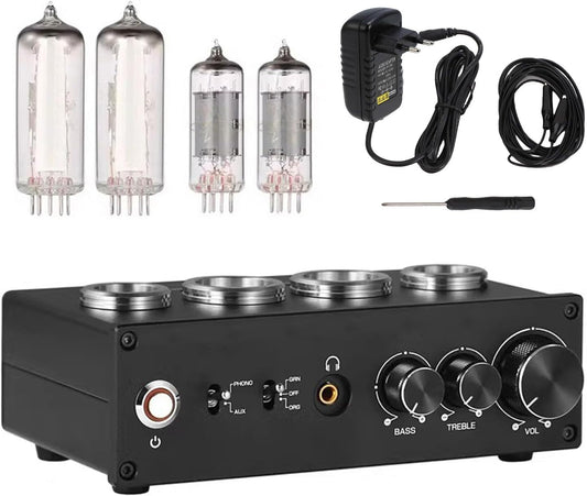 Phono-Voorversterker Met Buizen – Platenspeler Voorversterker – RIAA Voorversterker – MM/MC Voorversterker – Hifi Voorversterker – 3,5 Mm Koptelefoonaansluiting – Treble En Bassregeling