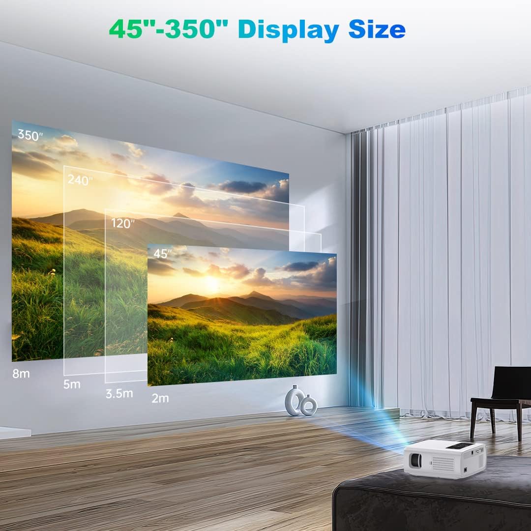Native 1080p Full HD beamer, 10.000L thuisbioscoop, videobeamer met 150.000 uur, ondersteunt 4K 350'' display multimedia beamer voor smartphone/pc/laptop/PS4/tv-stick/EXCEL/PPT