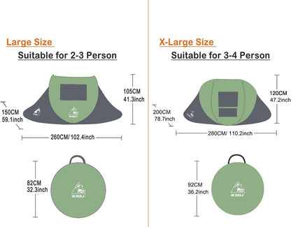 HEWOLF Pop-up tent voor 2-4 personen, campingtent met voortent, automatisch, ultralichte familietent, secondentent, zonwering, cabana-tent voor outdoor, camping, festival, groot legergroen