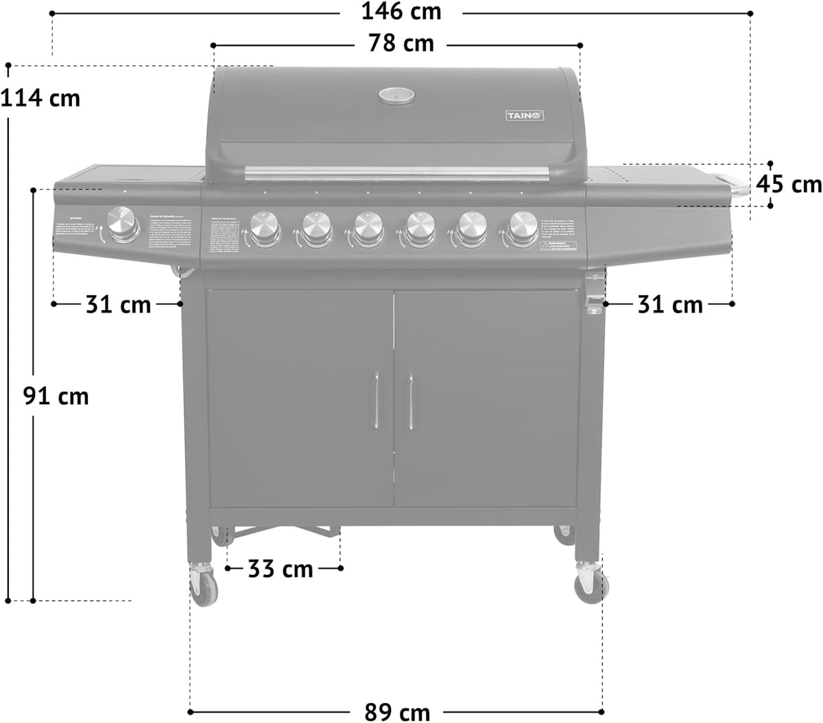 Taino Red 6+1 Gas Barbecue Grill Trolley Stainless Steel Burner Black Optional Accessories - QUORE