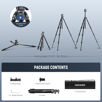 NEEWER LITETRIP LT07 Aluminium reisstatief voor camera, Pan Tilt Laag Profiel, Kogelhoofd, Arca QR-plaat, compatibel met Peak Design statiefplaat V3, dubbele as, telefoonhouder, max belasting 10 kg