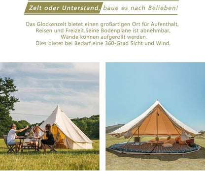 TOMOUNT Klockentent 3 m, 4 m, glamping tent voor 3-6 personen, katoen, familietent, campingtent, tipi-tent, piramidetent voor groepen, gezinnen, outdoor, camping, feesten