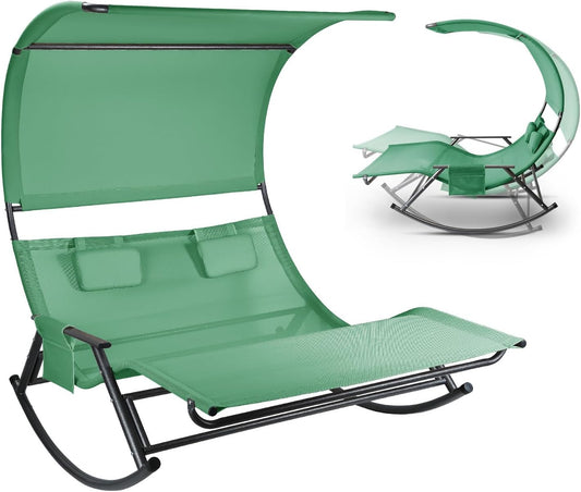 Dubbel ligbed voor buiten, schommelstoel voor 2 personen tot 250 kg, zonneligstoel met zonnedak en tas, ademend weefsel, groen voor tuin, balkon en terras - QUORE