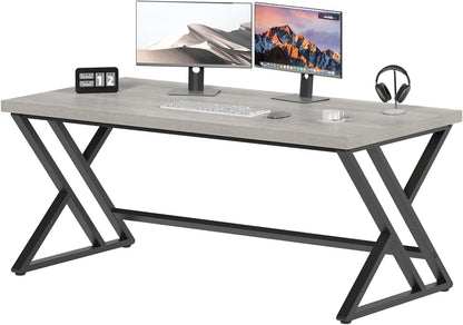 LVB Computerbureau, lang, industrieel design, studie, houten tafel, 152 x 60 x 75,5 cm, grijs