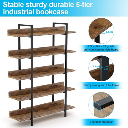 Tribesigns 5 Tier Bookshelf, Industrial Standing Shelf, Ladder Shelf, Steel Frame Storage Rack Bookcase, Easy Assembly, Rustic Brown