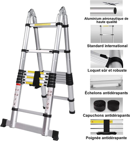 5 m vouwladder, aluminium, 2,5 m + 2,5 m, telescopische ladder, draagbaar, 16 antislip treden, belastbaar tot 150 kg