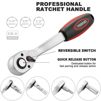 TEENO Dopsleutelset 216-delig, Dopsleutel En Bitset met Ratel 1/4", 3/8", 1/2" inch, Chroom-Vanadium, 72-Tands Snelkoppelingsratel, Mechanische Gereedschapsset voor Auto