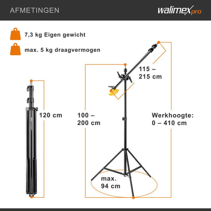 Walimex pro WT-501 Galgenstatief, verstelbaar lichtstatief met 215 cm bevestigingsarm, 4,4 kg contragewicht, 1/4 inch schroefdraad voor softbox, studiolicht, reflector, flits, ideaal voor