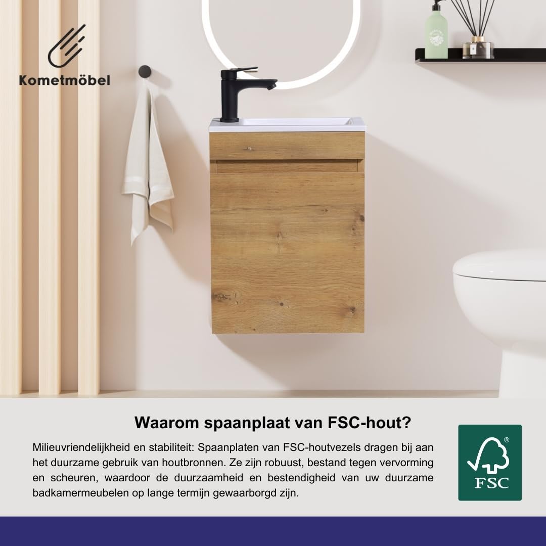 Gasten-wc wastafel set badkamermeubel, voorgemonteerd, kleine wastafel met onderkast (Eik 40cm, Zonder kraan)