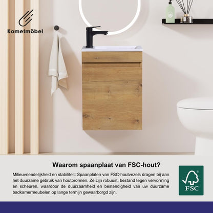 Gasten-wc wastafel set badkamermeubel, voorgemonteerd, kleine wastafel met onderkast (Eik 40cm, Zonder kraan)