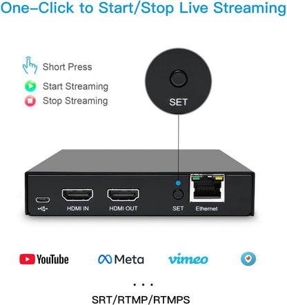 DDMALL HDMI-video-encoder voor livestream, H.264 H.265, realtime 4K 60Hz lokale loopout, ondersteunt SRT HLS RTSP RTMP RTMPS UDP/TCP, HDMI-video-encoder voor YouTube, Twitch (HEV-10)