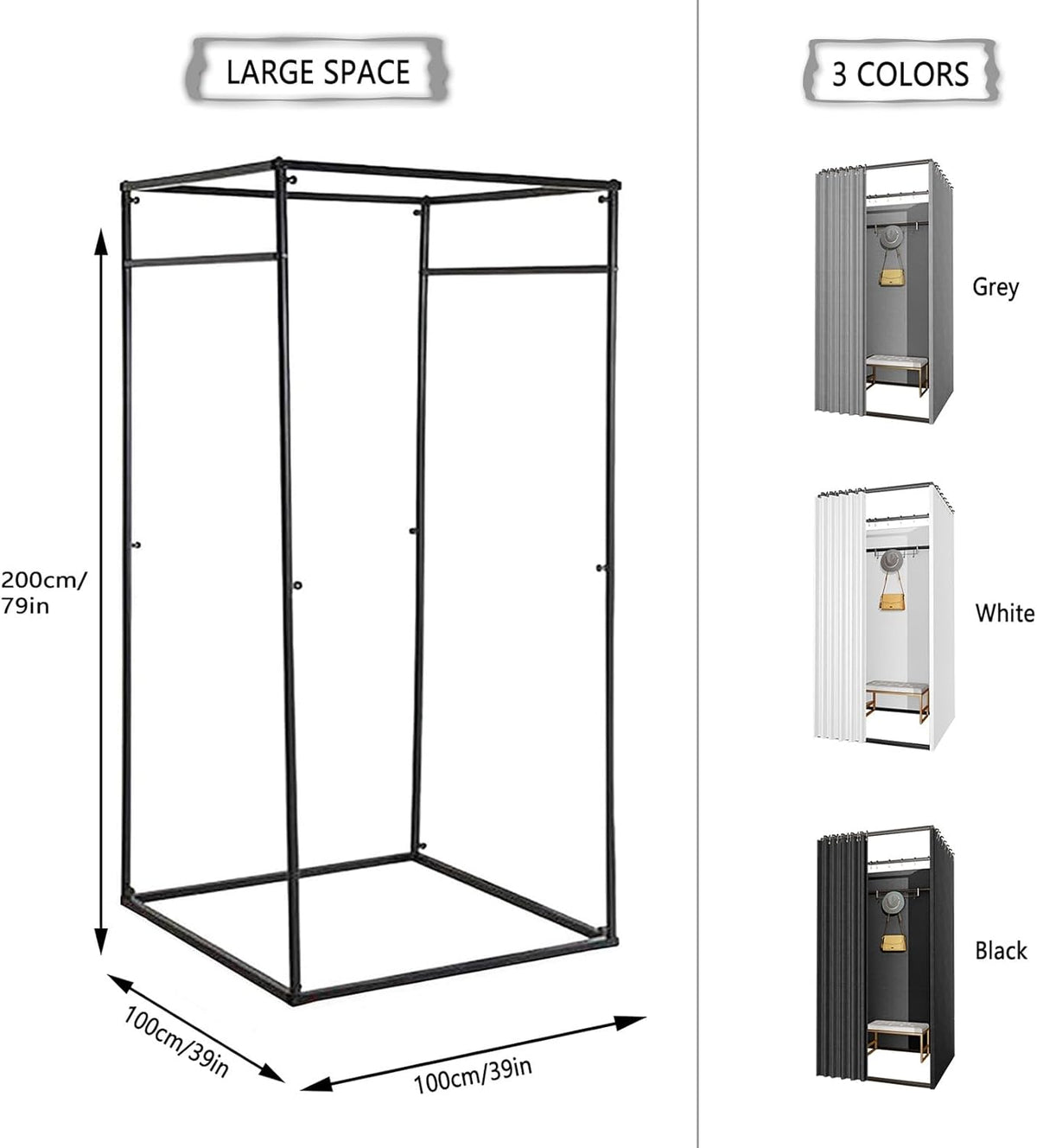Clothing Store Fitting Room, Simple Changing Room, Privacy Screen Partition with 90% Blackout Curtain and Hook, Suitable for Shopping Mall, Swimming Pool, Gym, 3 Colours