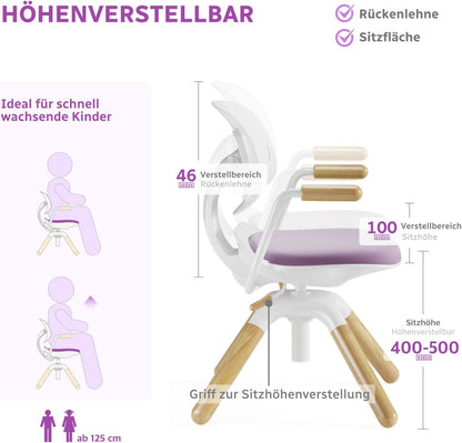 HOKO Ergonomische kinderbureaustoel – in hoogte verstelbaar met ademende rugleuning, 360 graden draaibaar, ideaal voor huiswerk en leren (Laura)