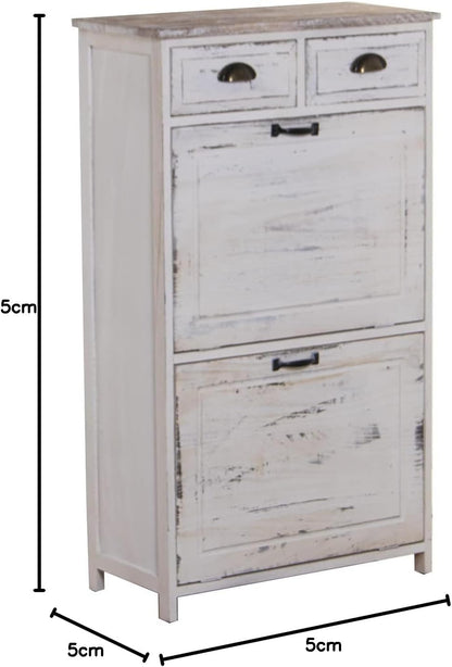 DRW Schoenenkast met 2 deuren en 2 laden van paulownia-hout, antiek wit, 60 x 30 x 107 cm