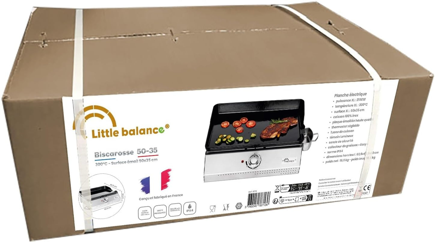 LITTLE BALANCE 8713 Biscarosse 50-35, elektrische grillplaat, geëmailleerd gietijzer, XL, 2150 W, 100% Franse productie, roestvrij staal