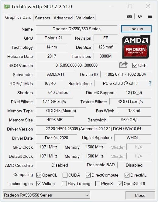 Radeon RX 550 Low Profile Ready, 4GB grafische kaart, GDDR5, 128-bit, VGA, DVI-D, HDMI, Videokaart voor pc-gaming, 4K-ondersteuning, Gamingcomputer GPU, DirectX 12