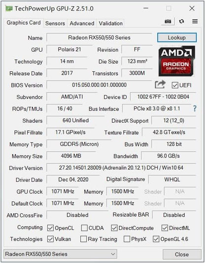 Radeon RX 550 Low Profile Ready, 4GB grafische kaart, GDDR5, 128-bit, VGA, DVI-D, HDMI, Videokaart voor pc-gaming, 4K-ondersteuning, Gamingcomputer GPU, DirectX 12