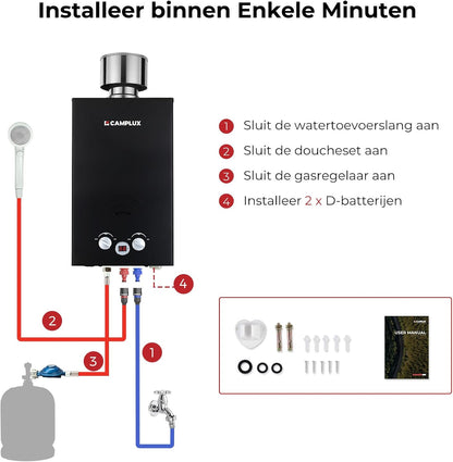 CAMPLUX BW264BC-DE Tankless Gas Boiler 10 Liter, LPG (50 mbar), 20 kW, voor Camping, RV, Wassen Paarden
