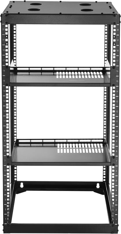 VEVOR 20U Open Frame Netwerk Rack, 58,4 cm diepte, wandmontage of staande serverrek, Heavy Duty 4 Post, met geventileerde planken en montagehardware, houdt al uw netwerk-IT-apparatuur AV-apparatuur